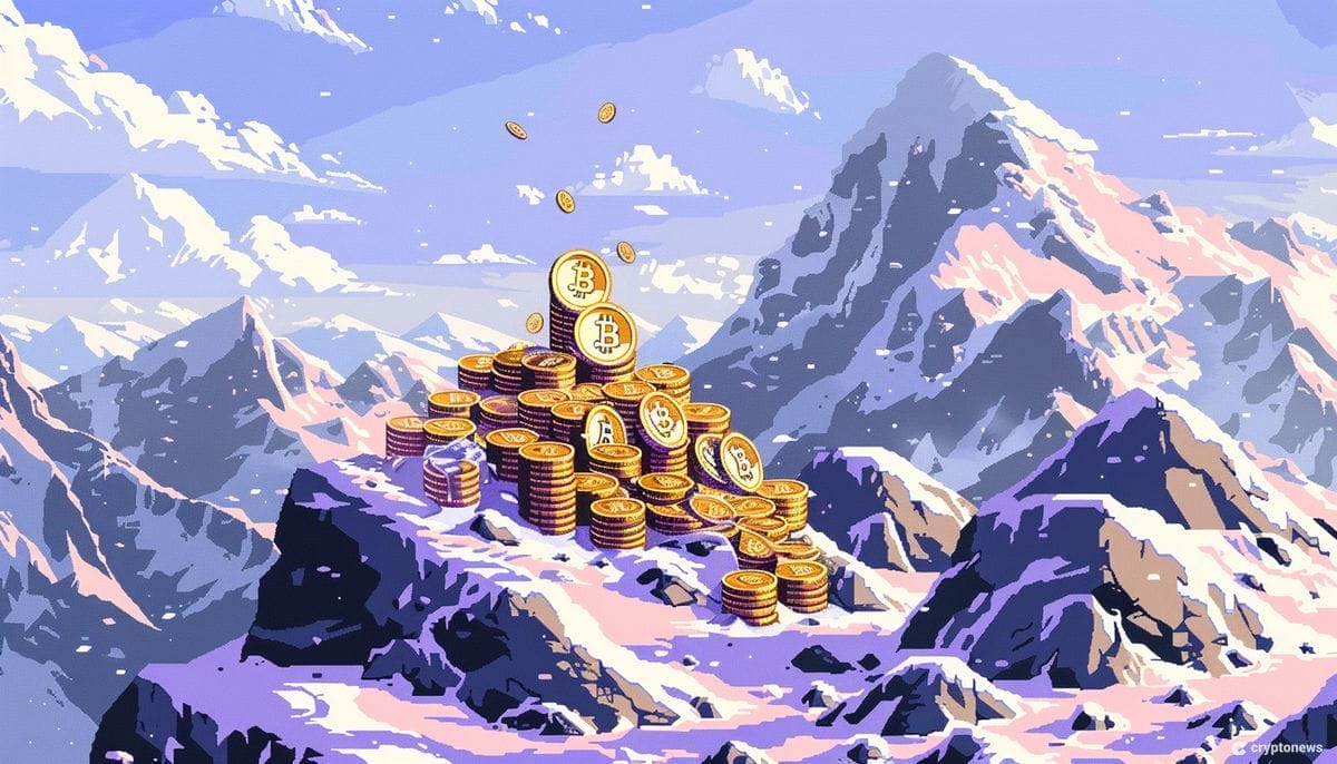 كومة من عملات بيتكوين الذهبية وسط جبال تكسوها الثلوج