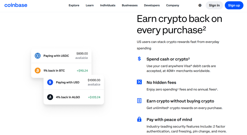 الصفحة الرئيسية في موقع Coinbase
