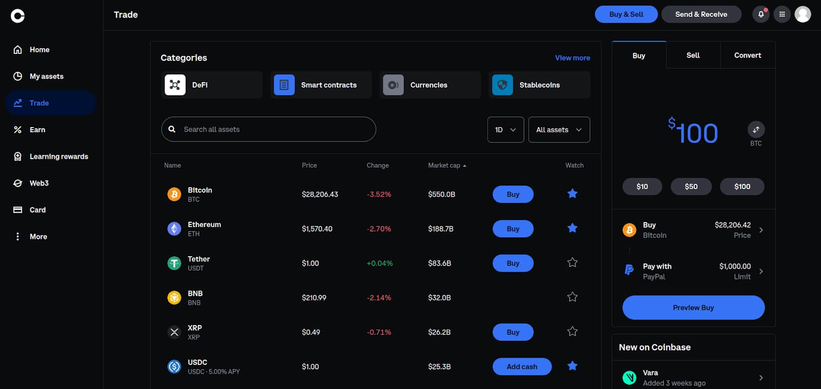 لقطة شاشة لواجهة تداول العملات الرقميّة على منصّة Coinbase