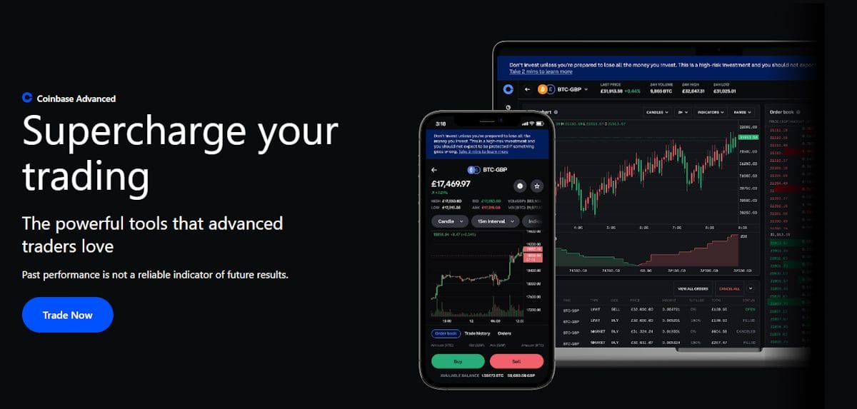 واجهة موقع منصة Coinbase Advanced وعليها عبارات تدعو للانضمام إليها