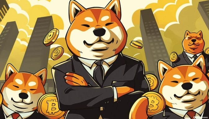 أربعة كلاب من فصيلة شيبا إينو في بزّات رسمية وفي الخلفية عملات ذهبية تحمل شعار بيتكوين وسط مبان ضخمة