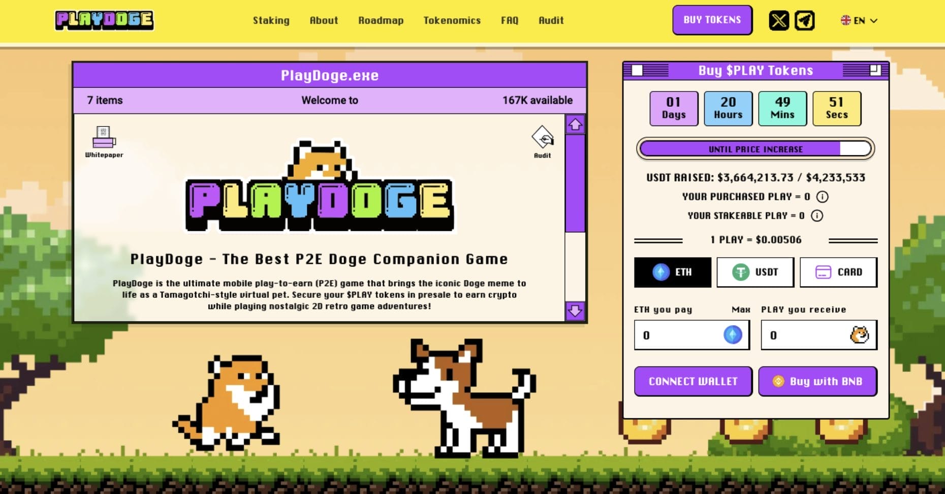 الصفحة الرئيسية لموقع PlayDoge تظهر كلباً بدقة ضعيفة مع صندوقين يشبهان طريقة عرض نظام ويندوز في التسعينات يقدم أحدهما لمحة عن المشروع والآخر أداة اكتتاب عملته PLAY