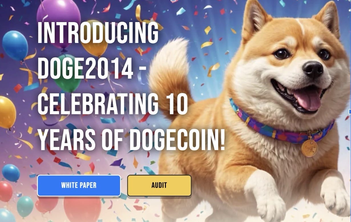 صورة ترويجية لمشروع DOGE2014 يظهر فيها كلب من فصيلة شيبا إينو ومن حوله تجري احتفالات بمرور عشر سنوات على تواجد عملة دوجكوين