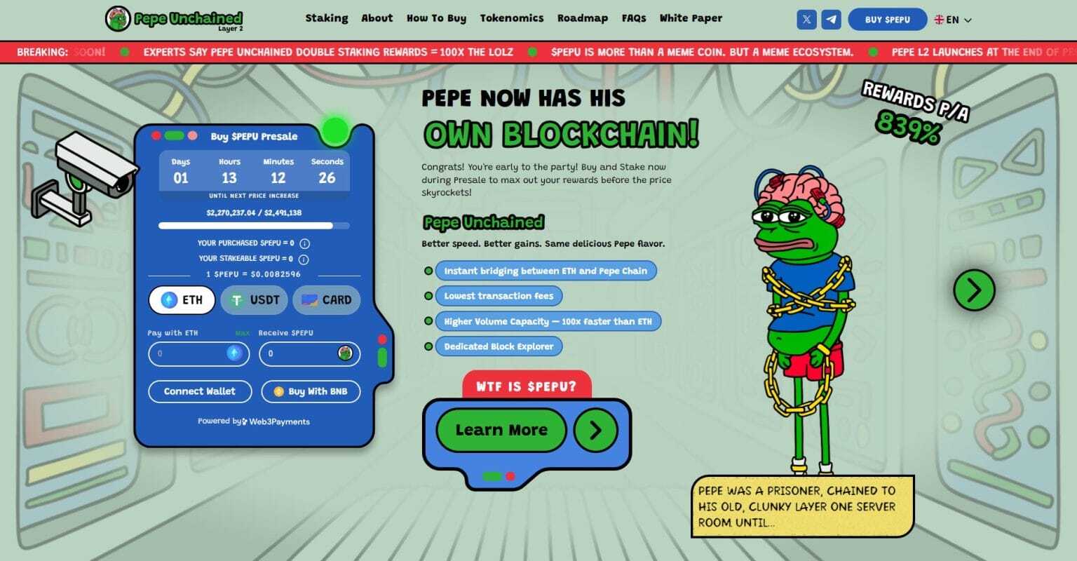 ضفدع مقيد بالسلاسل في واجهة اكتتاب Pepe Unchained على موقعها الرسميّ