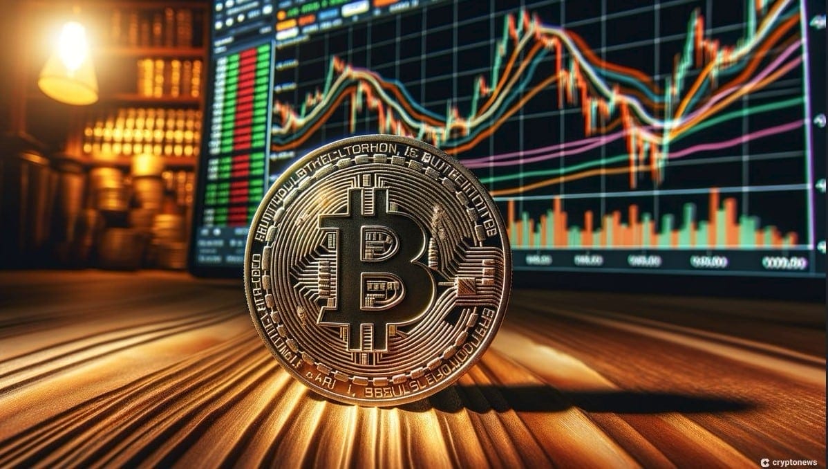 عملة بيتكوين معدنية تقف على سطح رملي وخلفها شاشة تعرض بيانات تداول