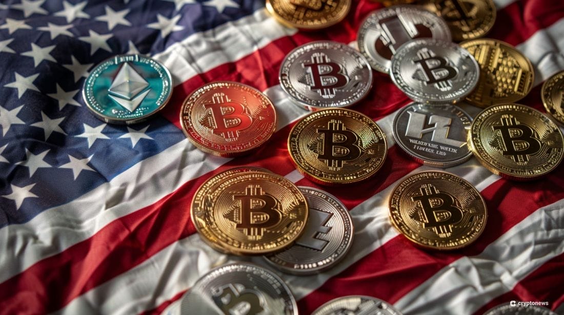 علم الولايات المتحدة الأمريكية وعليه قطع نقدية ترمز لعدد من العملات الرقمية