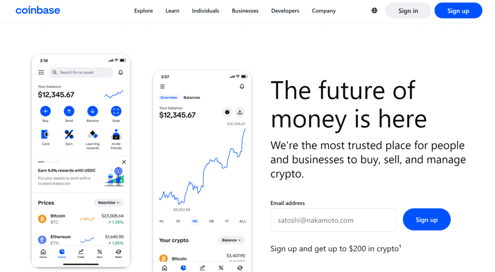 الصفحة الرئيسية في موقع Coinbase