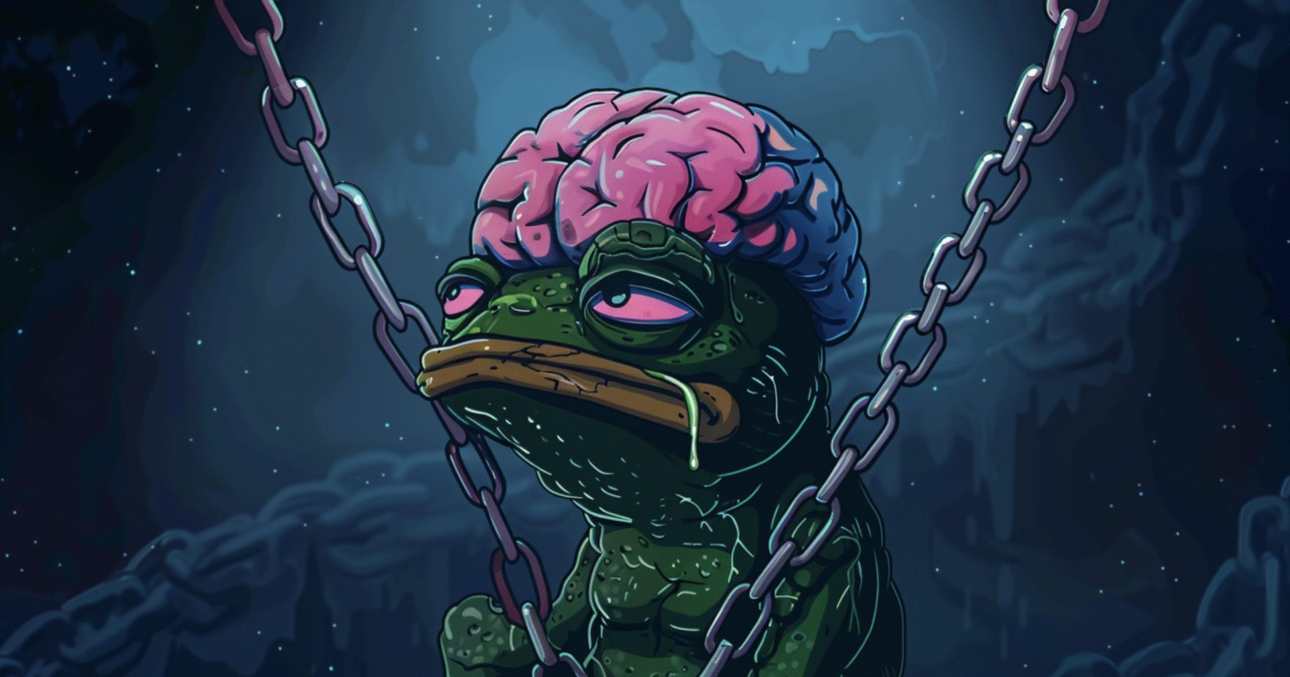 ضفدع pepe مقيد بسلاسل ودماغه ظاهر ولونه وردي ويبدو عليه البؤس