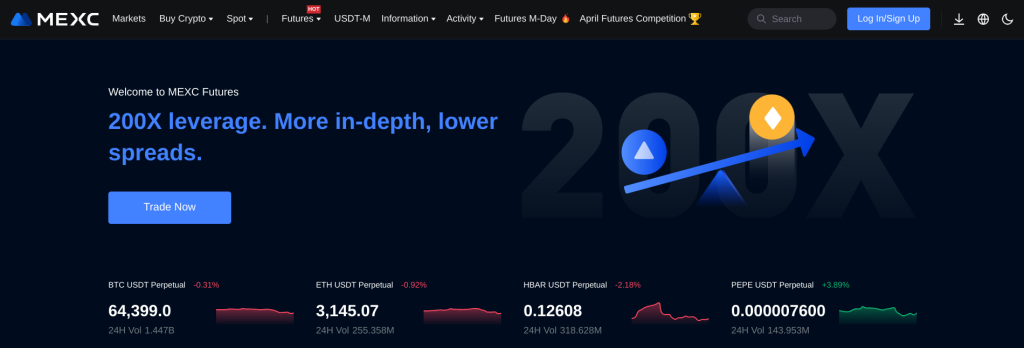 الواجهة الرئيسية لموقع منصة MEXC أفضل منصات تداول الرافعة المالية للعملات الرقمية