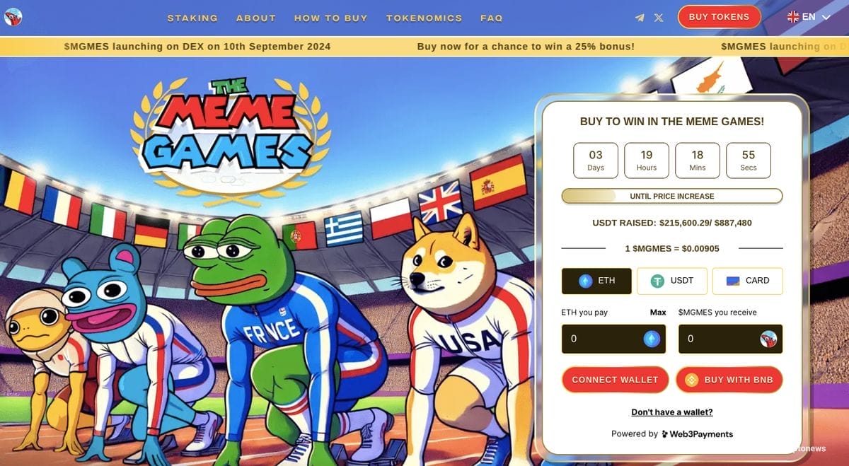 الصفحة الرئيسية لموقع The Meme Games وتظهر فيها لوحة بيانات الاكتتاب