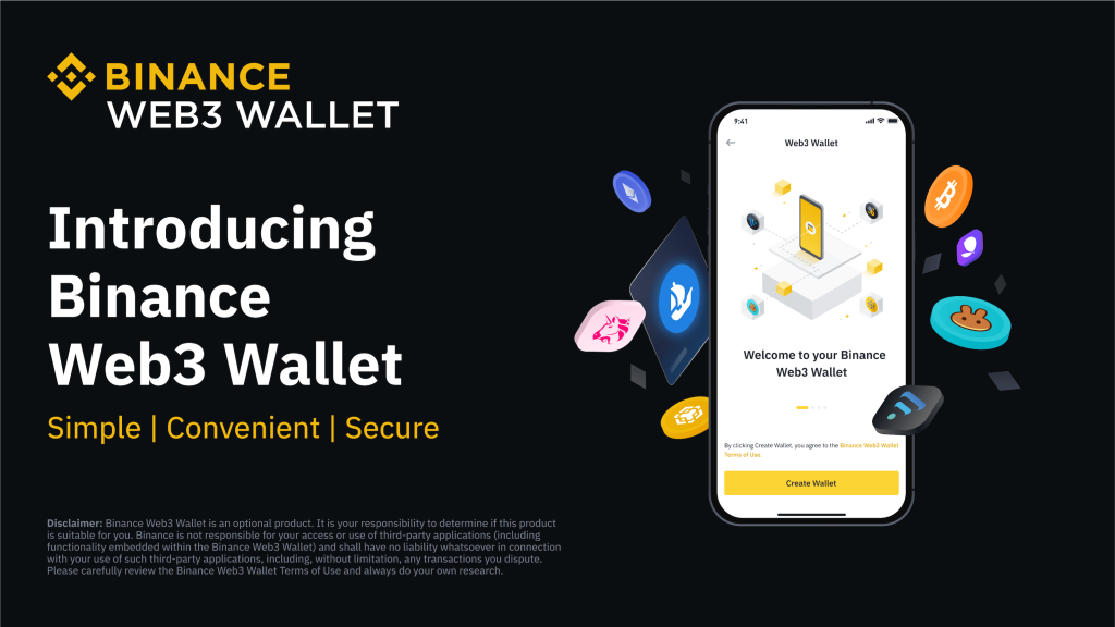 صورة ترويجية لمحفظة Binance Web3 وإلى يمينها هاتف محمول محاط برسومات دائرية لعملات رقمية