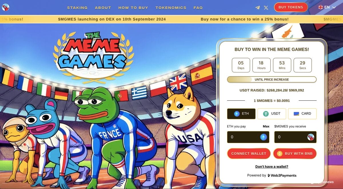 شخصيات عملات الميم كلب شيبا إينو وضفدع بيبي بلباس رياضي في إستاد كبير وهم يستعدون للانطلاق في سباق وخلفهم أعلام عدد من الدول، وإلى جانبهم أداة اكتتاب عملة The Meme Games 