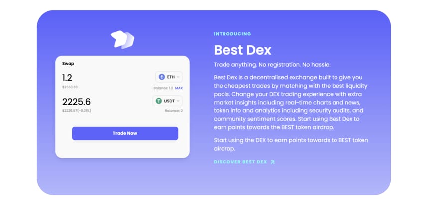 شرح عن منصة Best اللامركزية، ونافذة للتداول يظهر فيها زوج من العملات الرقمية