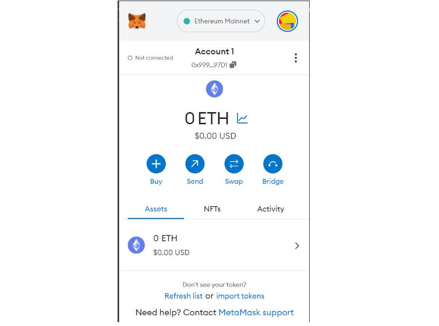 واجهة المستخدم في تطبيق محفظة MetaMask وتظهر أزرار الإرسال والشراء والربط وغيرها
