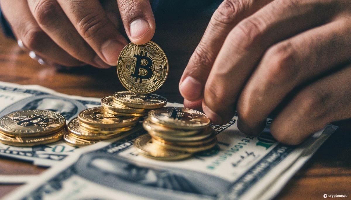 أصابع يدين تثبت إحداها عملة معدنية بشعار بيتكوين على عملات مشابهة مكدسة على حفنة دولارات