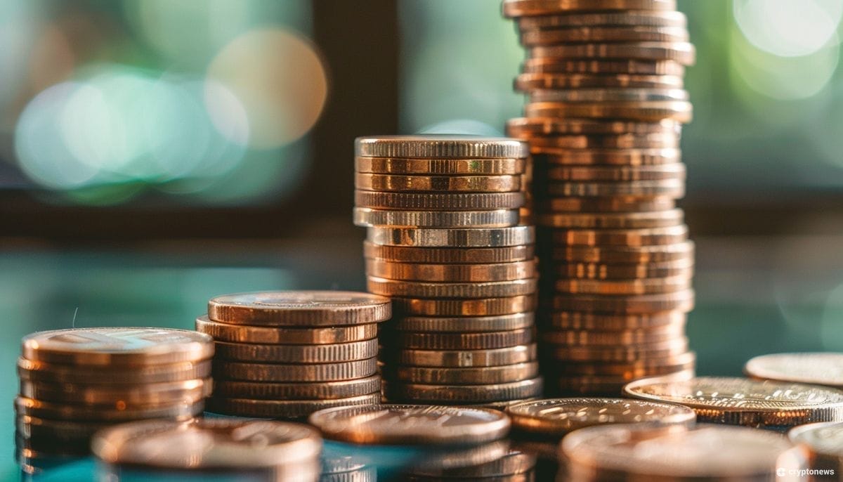 عملات ذهبية متراصة على خلفية خضراء