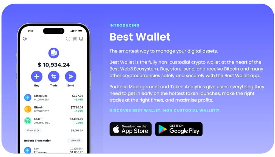 هاتف محمول عليه تطبيق Best Wallet وإلى جانبه نص يعرف المستخدم بالمحفظة