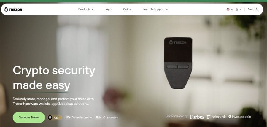 الصفحة الرئيسية لمحفظة Trezor