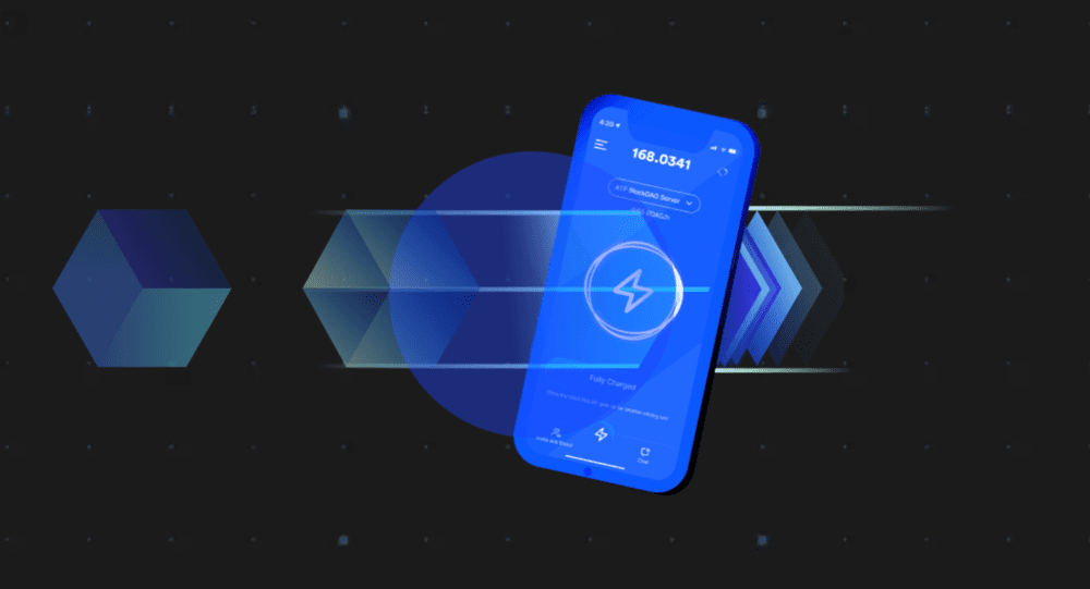 هاتف شاشته زرقاء عليه صفحة تعدين BlockDAG على خلفية سوداء عليها أشكال هندسية زرقاء