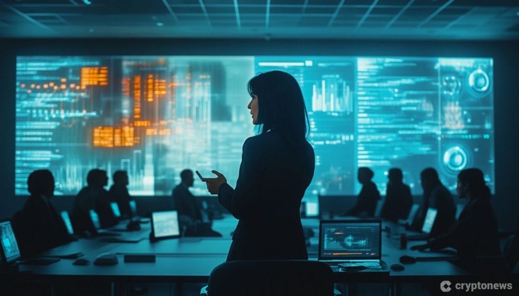 متحدثة أمام الحضور حول طاولة اجتماعات وفي الخلفية شاشة تعرض بيانات ورسومات