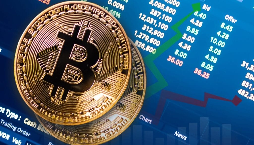 عملتا بيتكوين ذهبيتان وفي الخلفية بيانات تداول وبورصة
