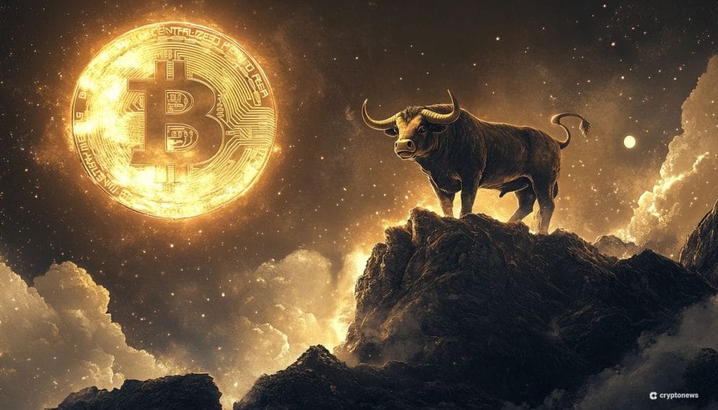 ثور متحفز على تلة في أجواء ليلية ملبدة، وفي الخلفية نجم مضيء يبدو عليه شعار بيتكوين