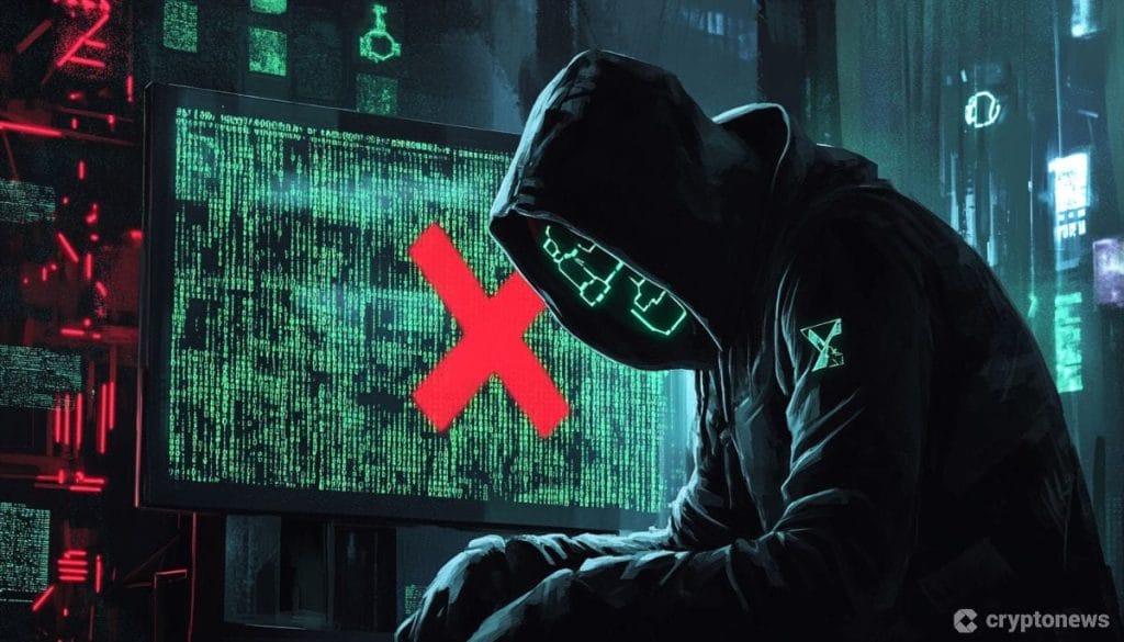شخص برداء أسود وقبعة تخفي وجهه وإلى جانبه شاشة عليها إشارة X باللون الأحمر