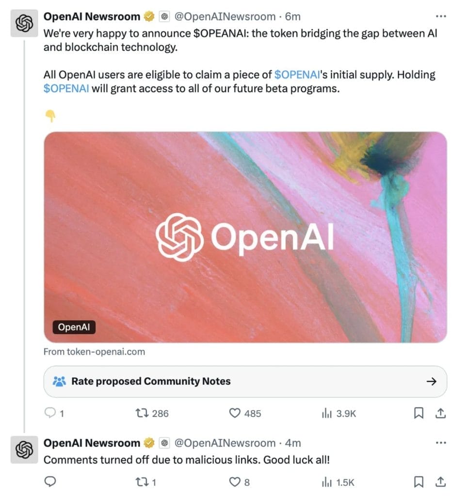 المنشور المزيّف الذي نشره المخترقون على أحد الحسابات الرسمية لشركة OpenAI