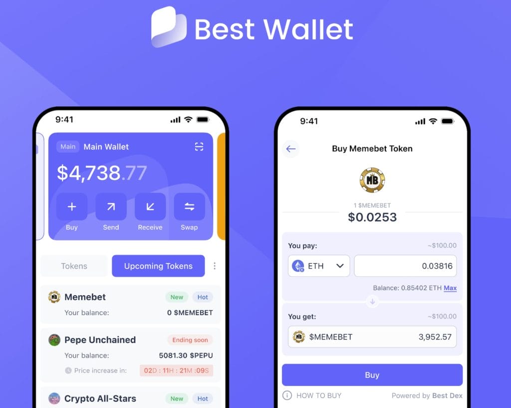 زوج من الهواتف الذكية يعرض لمحات خاصة بواجهة تطبيق Best Wallet