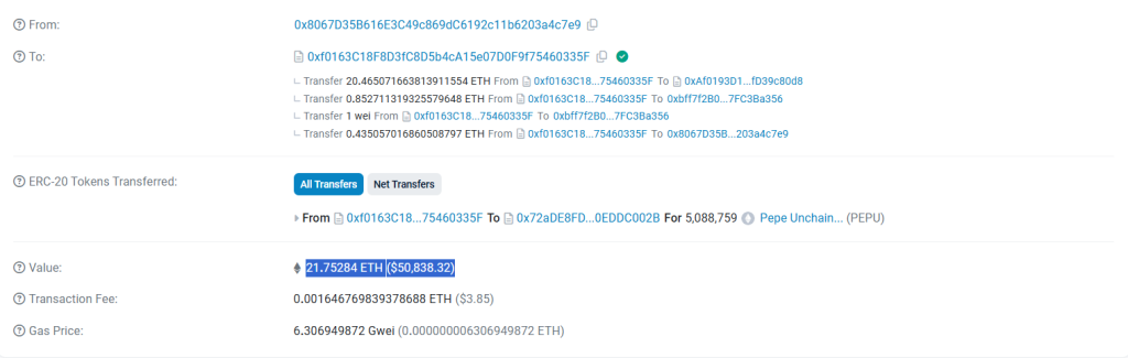 عملية شراء عملات PEPU مقابل 21.75284 ETH تم تسجيلها يوم الخميس