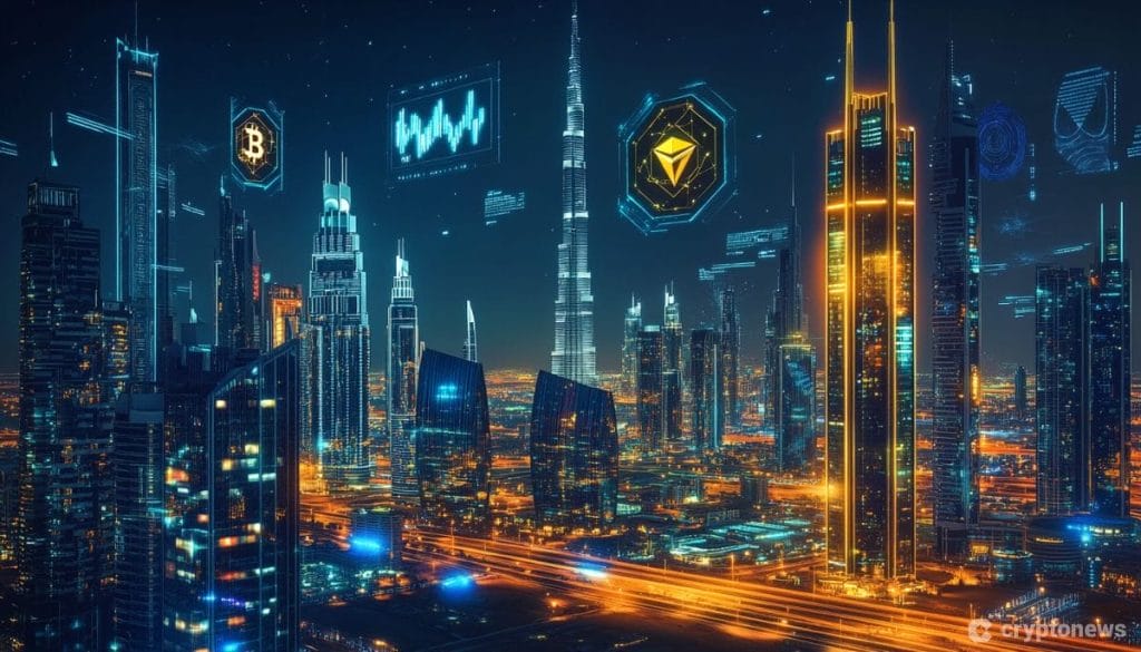 مشهد ليلي لمدينة دبي بمبان مرتفعة متلألئة الأضواء وفي السماء رموز لعملات رقمية