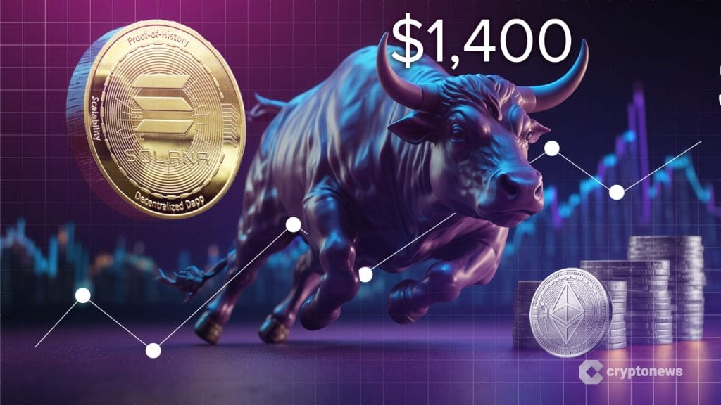 ثور هائج يتوسط مجسمين لعملتي سولانا وإيثيريوم على خلفية مخطط بياني صاعد