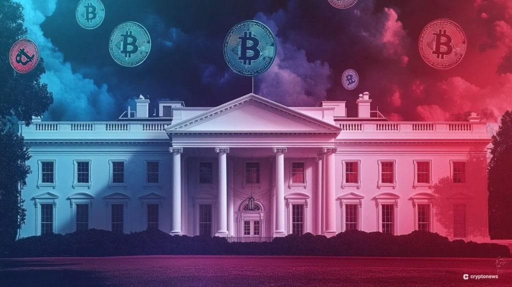 واجهة البيت الأبيض مخضبة باللونين الأحمر والأزرق، تعلوها مجسمات لعملة بيتكوين في أجواء ملبدة