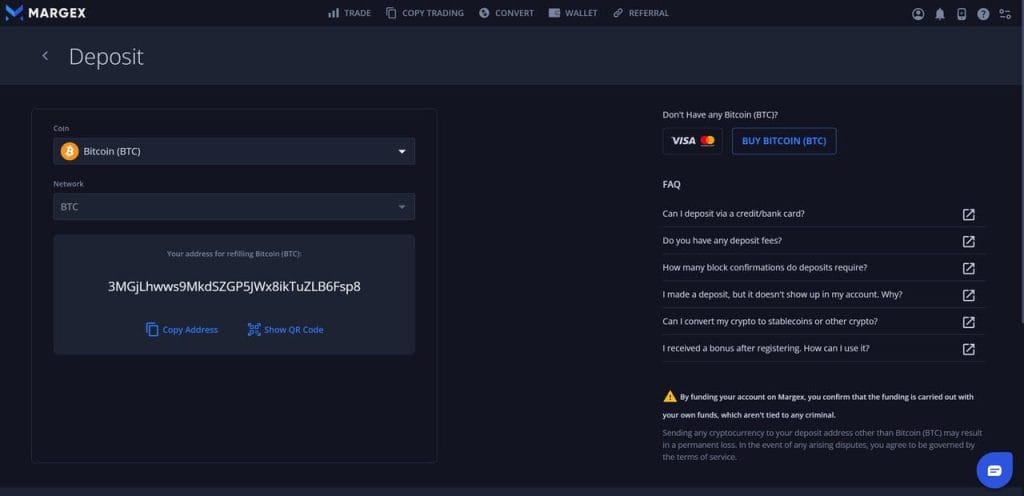واجهة شراء عملة BTC عبر منصة MARGEX