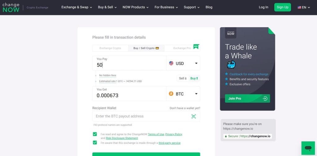 واجهة الدفع عبر مزود الخدمة ChangeNow