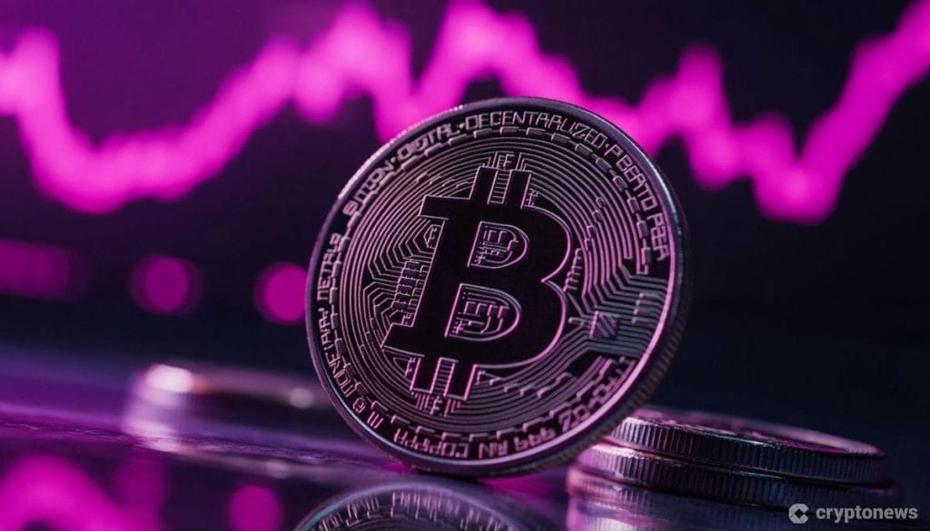 عملة معدنية تحمل شعار بيتكوين ووراءها مخطط بياني باللون الأرجواني