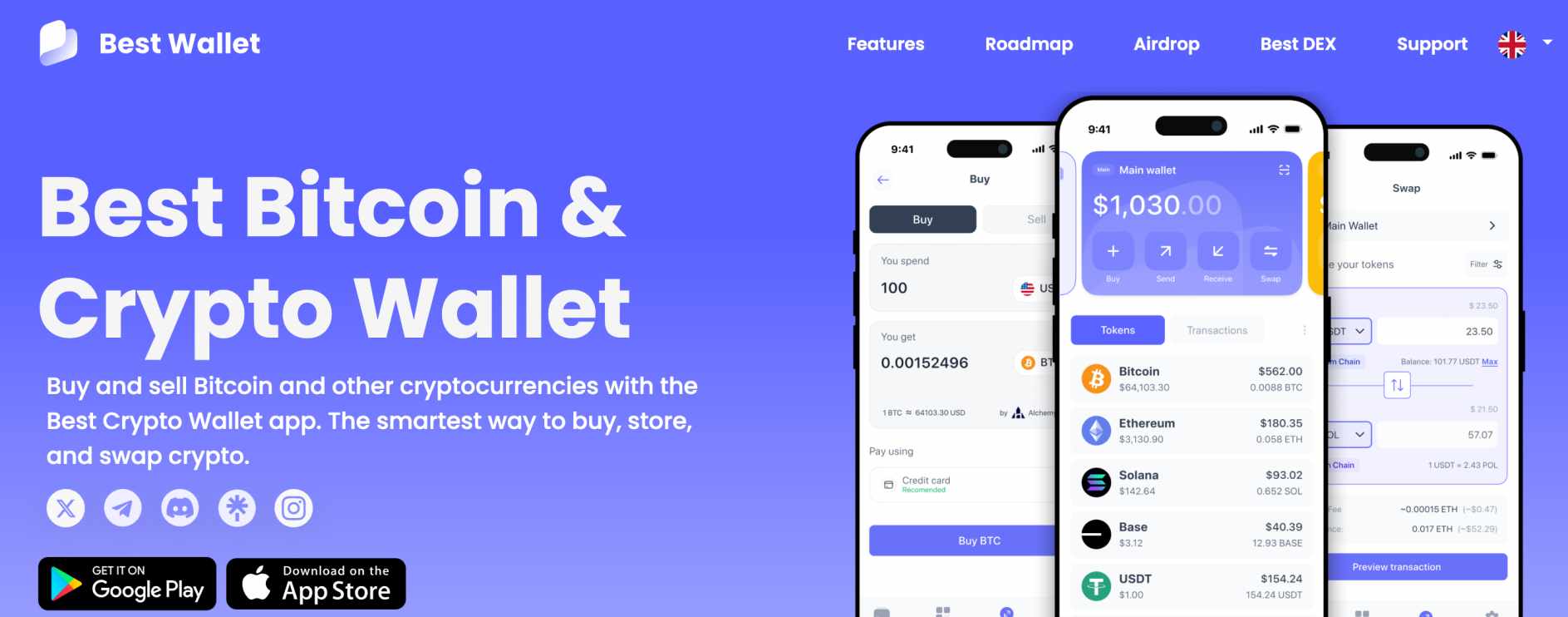 ثلاث هواتف محمولة عليها واجهة تطبيق محفظة Best Wallet وأزرار لتنزيل التطبيق ومشاركته